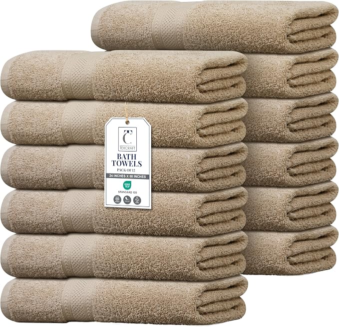 Commercial Bulk Pack of 12 Large Bath Towels – 100% Cotton Terry 24" x 50" – by TEXCRAFT