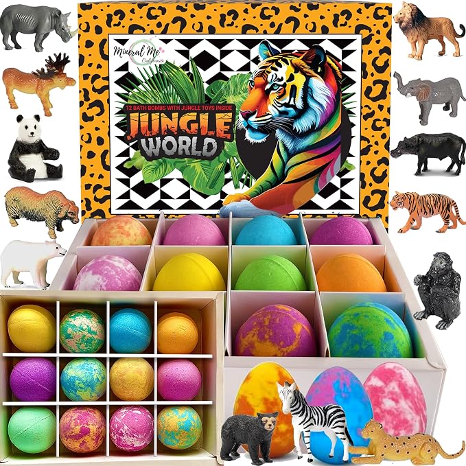 Bath Bombs for Kids with Surprise Inside- 12 pk Kids Bath Bombs with Jungle Toys by MineralMeCalifornia