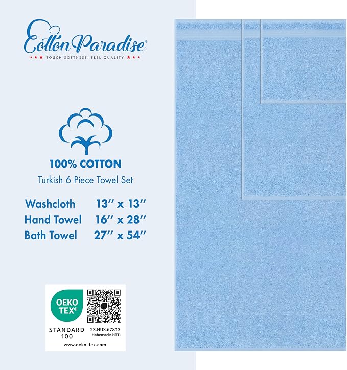 Cotton Paradise 6 Piece Towel Set 100% Cotton Soft Absorbent Turkish Towels - Image 4
