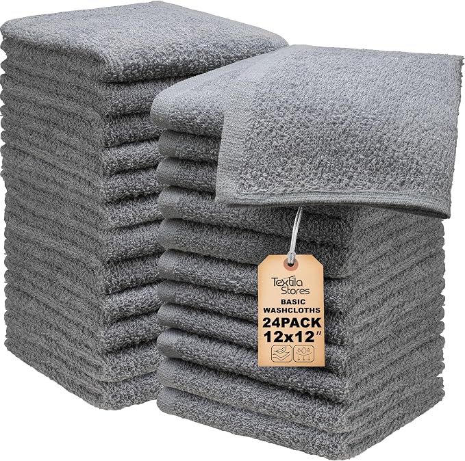 Basic Wash Cloths 12x12 Inches – Bulk Pack of 24 – Grey Color – Soft and by TEXTILA