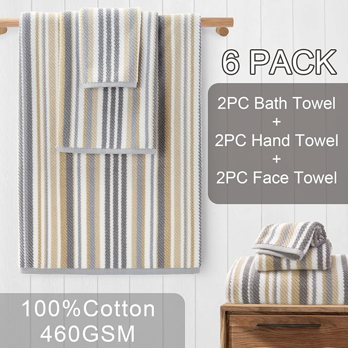 Cotton Towels Set of 6, 2 Absorbent Hand 16"x27", 2 Lightweight Washcloth - Image 3