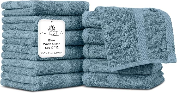 100% Cotton Wash Cloth for face & Body Set of 12, Sustainable, Highly Absorbent by VillaCelestia