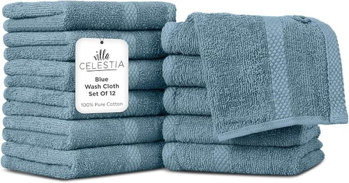 100% Cotton Wash Cloth for face & Body Set of 12, Sustainable, Highly Absorbent by VillaCelestia