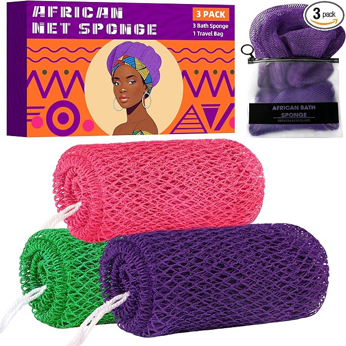 African Net Sponge Authentic, 3 Pieces Exfoliating Scrubber Bath Sponge by BHYTAKI
