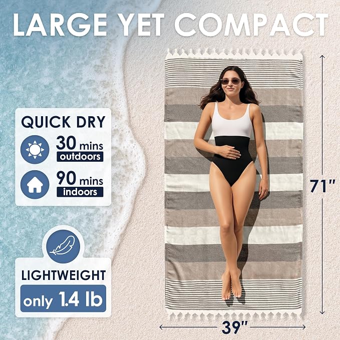 ATANI Turkish Beach Towel, Converts to a Bag, Oversized 100% Cotton Bath Towels - Image 3