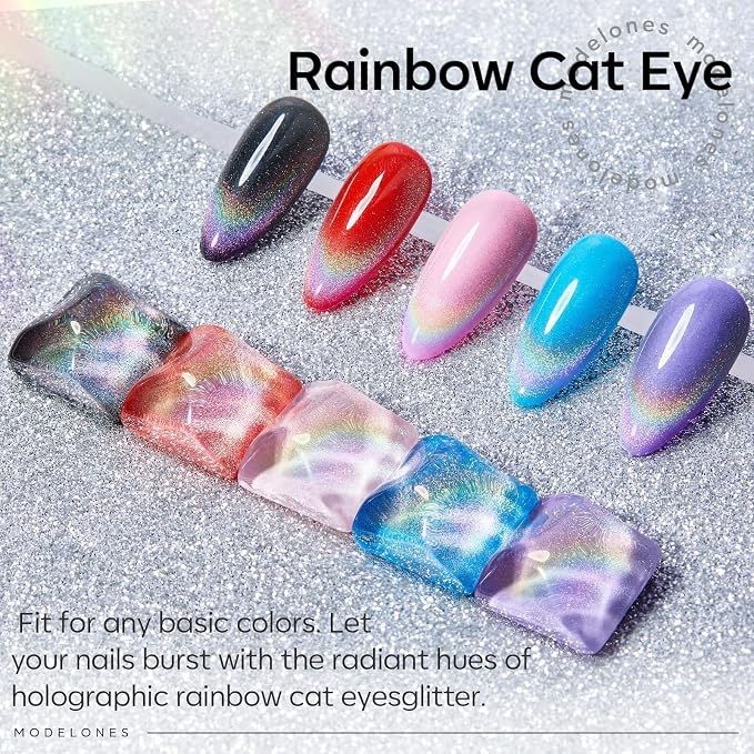 modelones Rainbow Cat Eye Gel Nail Polish Top Coat, 2-in-one 9D Glitter Clear - Image 4