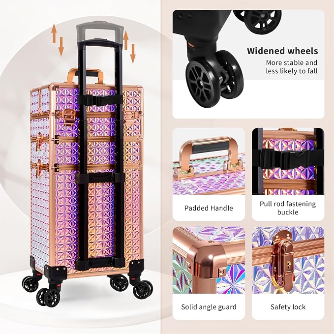 3 in 1 Rolling Makeup Train Case Professional Large Cosmetic Trolley - Image 7