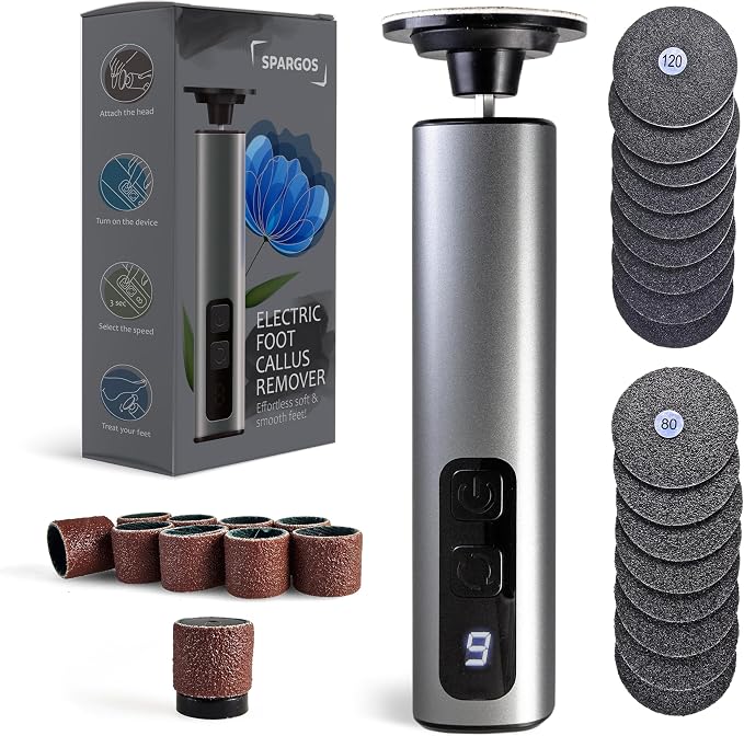 Spargos Electric Foot Callus Remover – Rechargeable Metal Foot File by Spargos