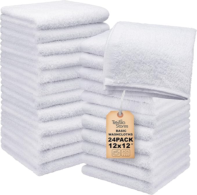 Basic Wash Cloths 12x12 Inches – Bulk Pack of 24 – White Color – Soft and by TEXTILA