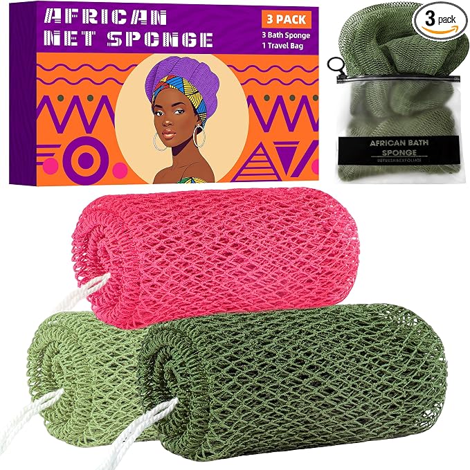 African Net Sponge Authentic, 3 Pieces Exfoliating Scrubber Bath Sponge by BHYTAKI