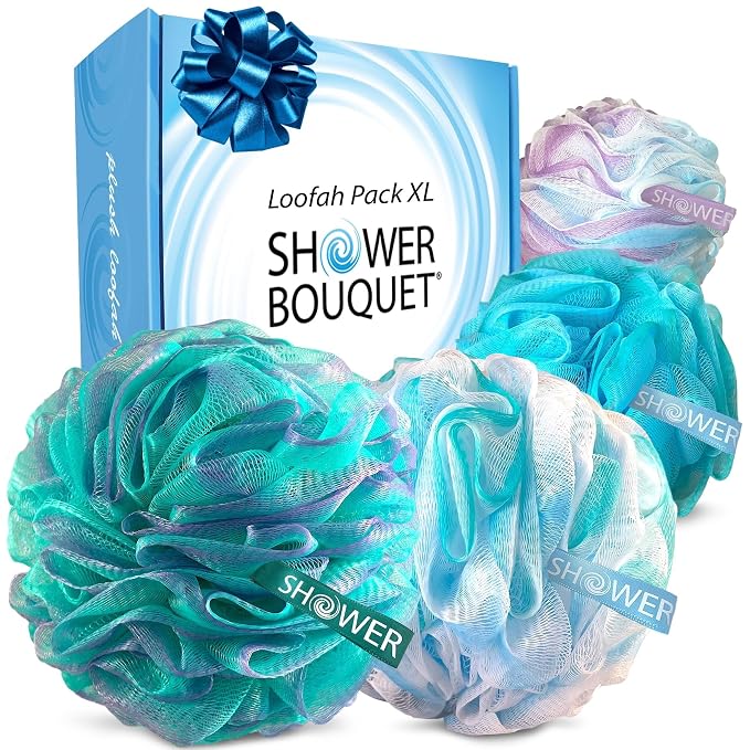 SHOWER BOUQUET Loofah-Bath-Sponge XL Swirl-Mix-Color 4-Pack // Extra-Large 75g by ShowerBouquet%C2%AE