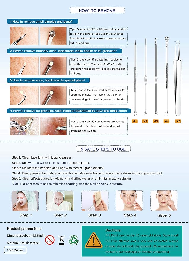 5PCS Blackhead Remover Comedone Extractor, Curved Blackhead Tweezers Kit - Image 8