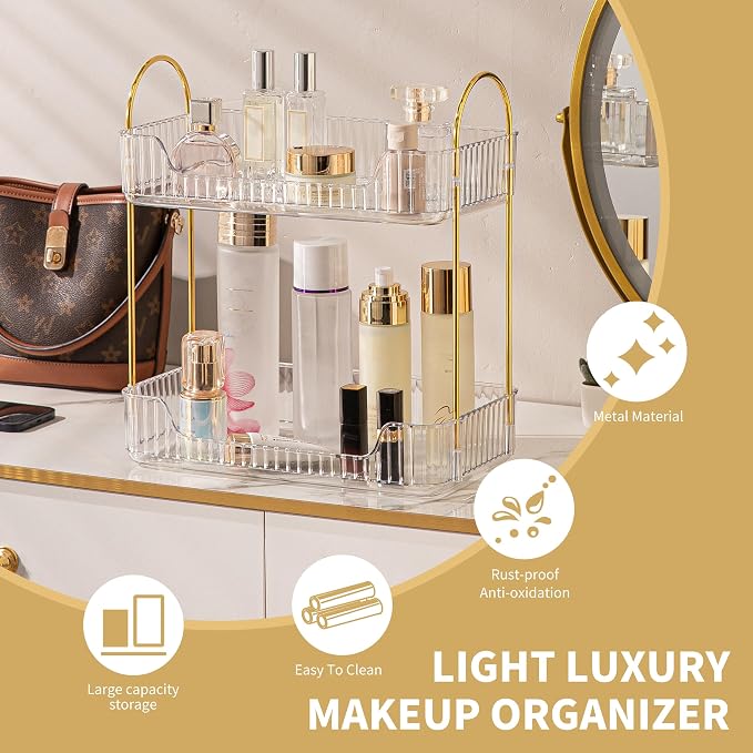 Akinbas 2 Tier Bathroom Organizer Countertop Makeup Perfume Tray Skincare - Image 3