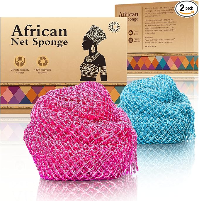 African Net Bath Sponge, Premium Body Exfoliator, Rose Red Blue, 2 Pack by SpiralScgv