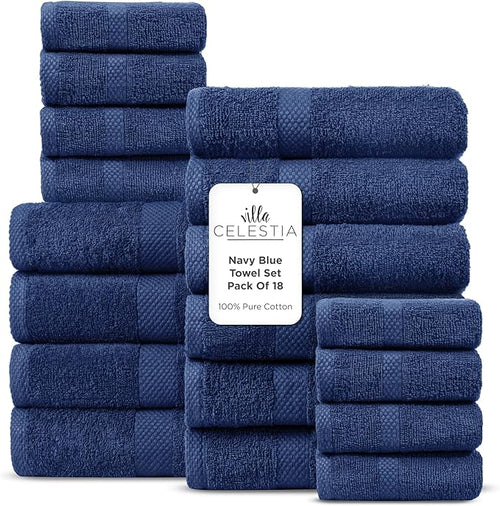 100% Cotton Bath Towel Set of 18-4 Bath Towels, 6 Hand Towels, 8 Wash Cloths by VillaCelestia