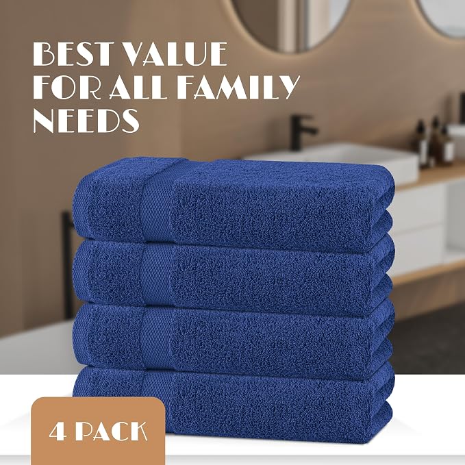 White Classic Navy Blue Bath Towels 27x54 Inch, Cotton Towel Set - Image 4