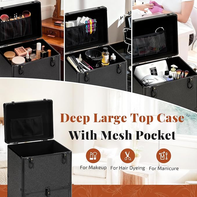 Rolling Makeup Train Case with 3 Drawers, Nail Trolley Cart Salon Station - Image 2