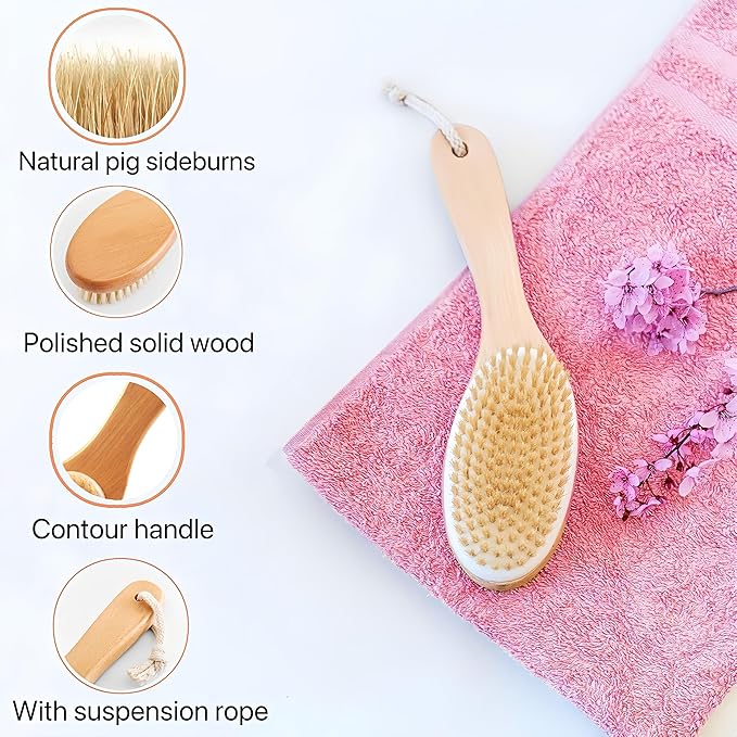 Dry Brushing Body Brush with Contoured Wooden Handle, Natural Bristle - Image 4