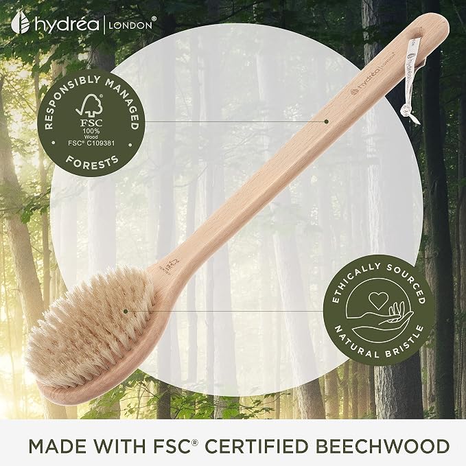 Hydrea London Body Brush Long Handled Exfoliating Back Scrubber, Natural Bristle - Image 3