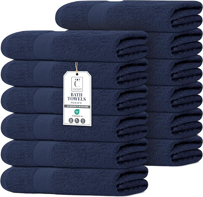 Commercial Bulk Pack of 12 Small Bath Towels – 100% Cotton Terry 24" x 46" – by TEXCRAFT