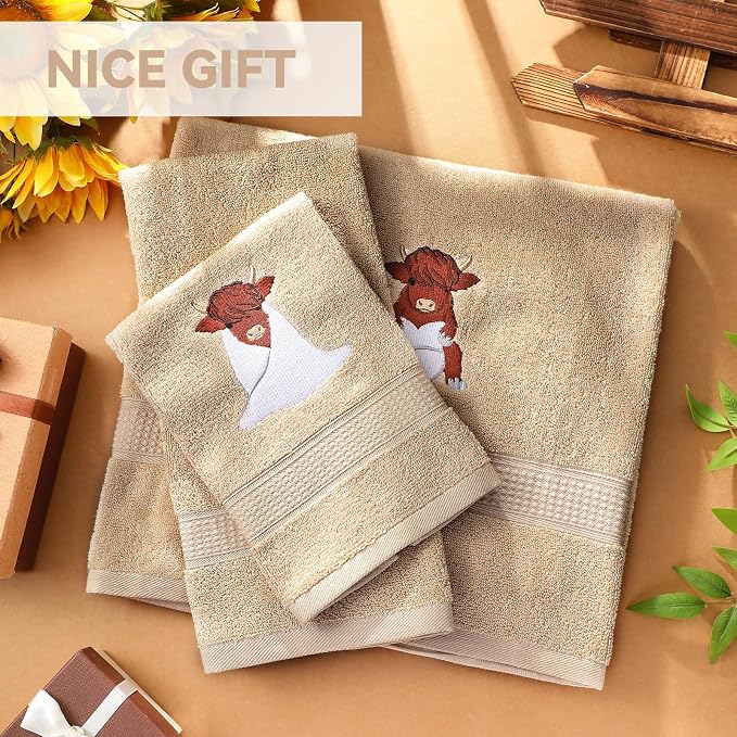 3 Pcs Highland Cow Bathroom Towel Set Farmhouse Embroidered Highland Cow Towels - Image 6