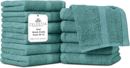 100% Cotton Wash Cloth for face & Body Set of 12, Sustainable, Highly Absorbent by VillaCelestia