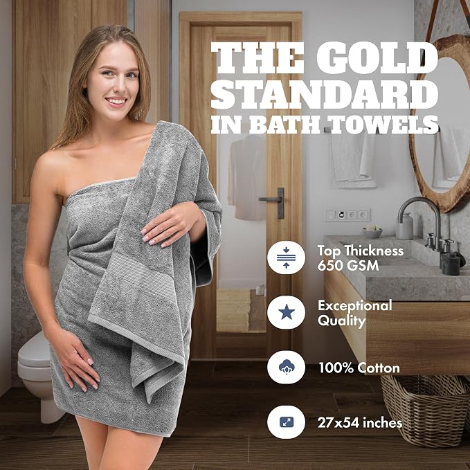 White Classic Light Gray Bath Towels 27x54 Inch, Cotton Towel Set - Image 2