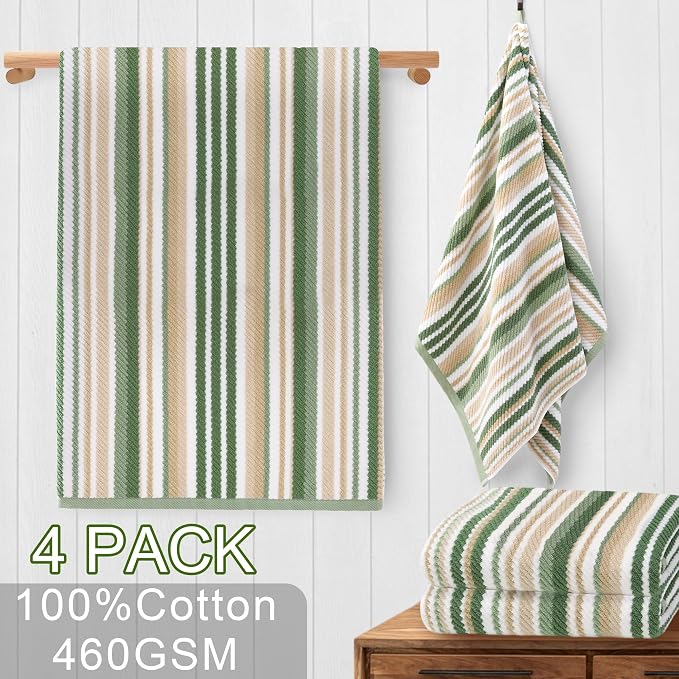 Green Bath Towels Set of 4, Striped Bath Towels - Image 4
