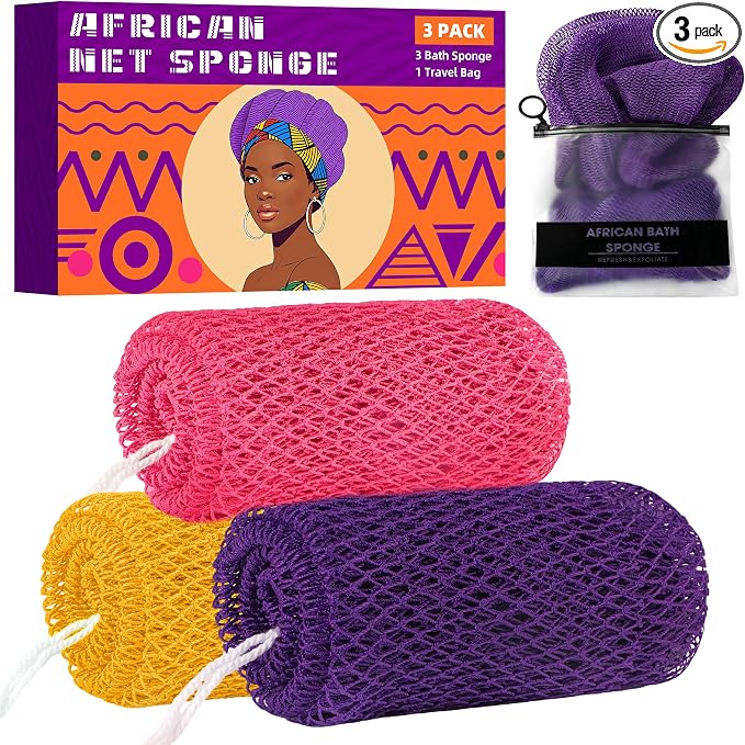 African Net Sponge Authentic, 3 Pieces Exfoliating Scrubber Bath Sponge by BHYTAKI