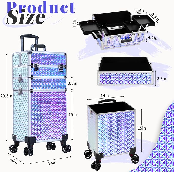 3 in 1 Rolling Makeup Train Case Professional Large Cosmetic Trolley - Image 2
