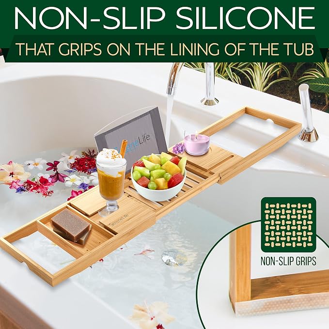 SereneLife Luxury Bamboo Bathtub Caddy Tray - Image 3