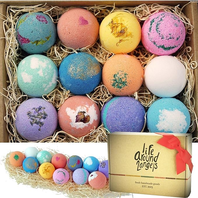 LifeAround2Angels Bath Bombs Gift Set 12 USA made Fizzies, Shea & Coco Butter by Lifearound2angels