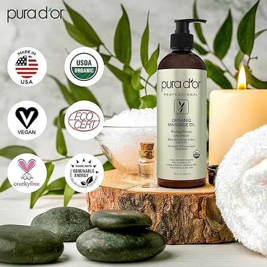 PURA D'OR 16 Oz Organic Massage Therapy Oil USDA Certified Body Moisturizer & - Image 4