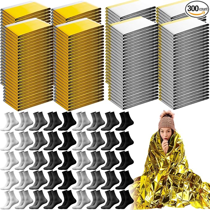 300 Pcs Emergency Blanket and Sock Bulk, Emergency Thermal Space Blankets by Unknown