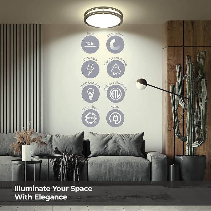 LB72121 LED Flush Mount Ceiling Light, 12 inch, 15W Dimmable 1200lm, 4000K Cool - Image 2