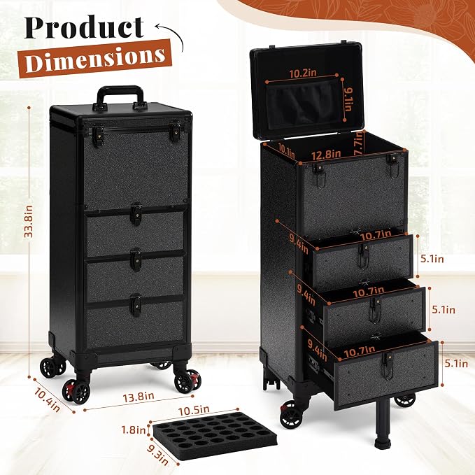 Rolling Makeup Train Case with 3 Drawers, Nail Trolley Cart Salon Station - Image 4