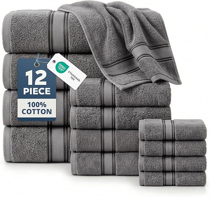 LANE LINEN Bath Towel Set of 12 – Premium 100% Cotton Towels by LaneLinen