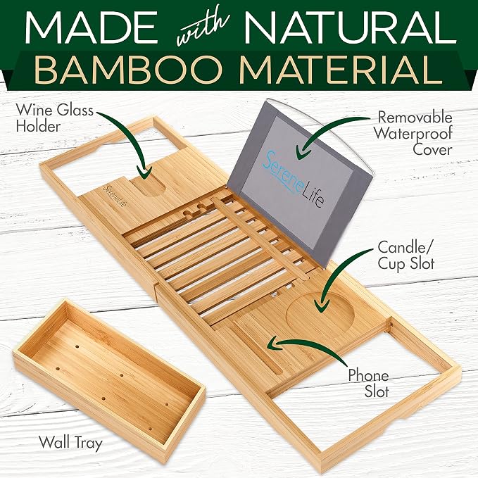SereneLife Luxury Bamboo Bathtub Caddy Tray - Image 4