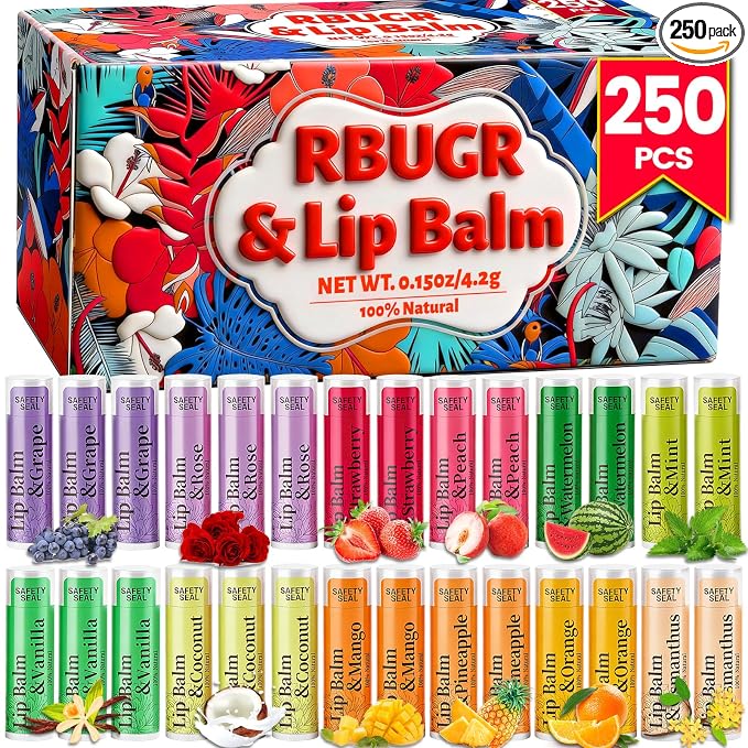 RBUGR 250 Pcs Lip Balm Bulk, 12 Fruit Flavored Natural Bulk Lip Balm, Lip Balms by RBUGR