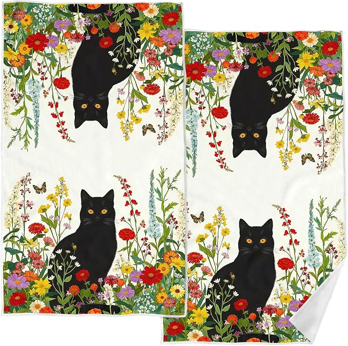 Accnicc 2 Pack Black Cat Bathroom Hand Towels Decorative Spring Floral Dish by Accnicc