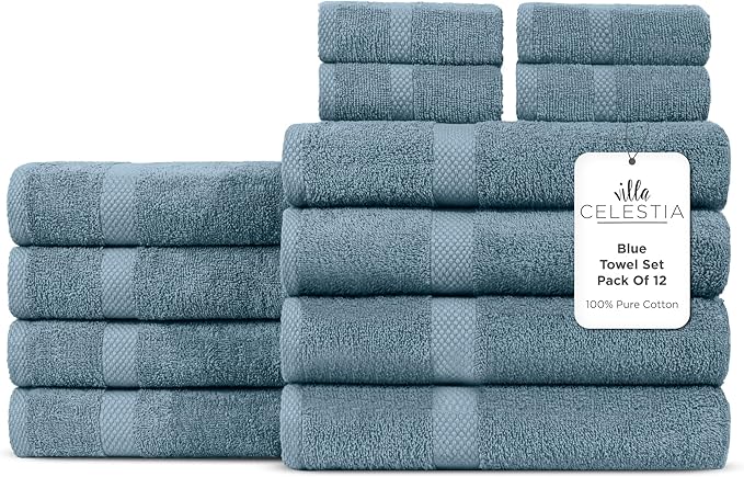100% Cotton Bath Towel Set of 12-4 Bath Towels, 4 Hand Towels, 4 Wash Cloths by VillaCelestia
