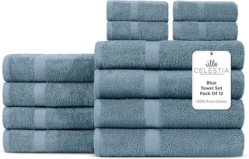 100% Cotton Bath Towel Set of 12-4 Bath Towels, 4 Hand Towels, 4 Wash Cloths by VillaCelestia