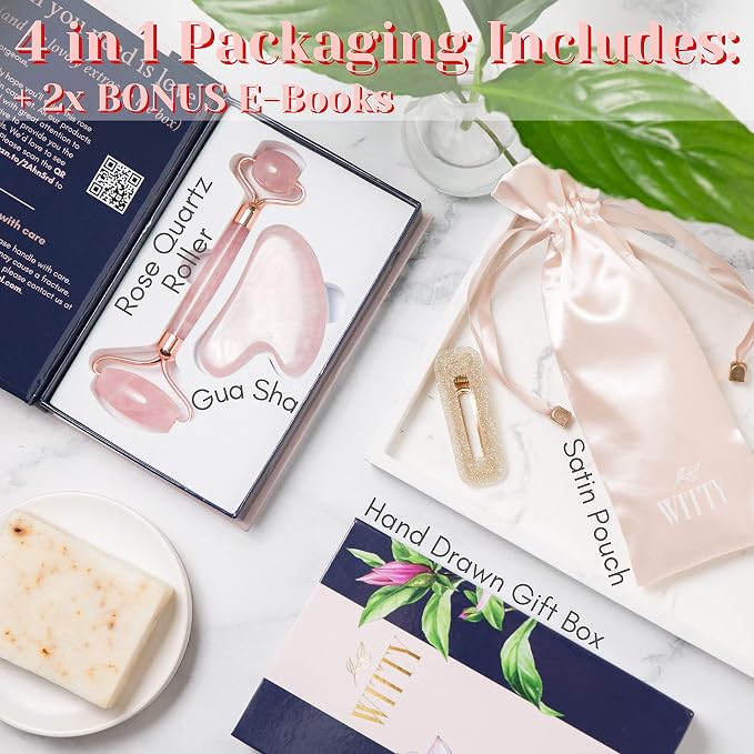 WITTY Rose Quartz Roller for Face, Gua Sha Stone Set in Hand-Drawn Giftbox - Image 2