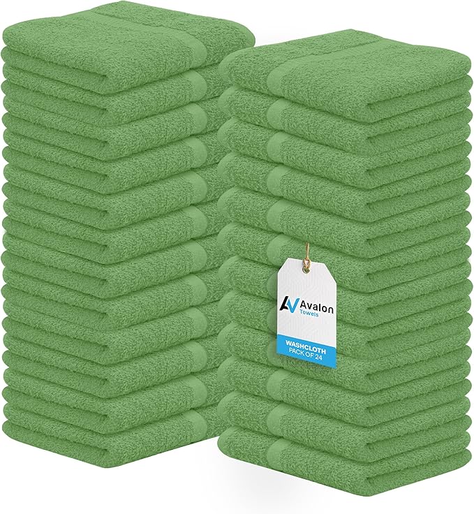 Avalon Towels Cotton Washcloths 24-Pack – 12 x 12 Inch Sage Green Super Soft & by AvalonTowels