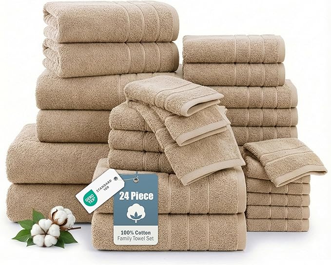 24-Piece 100% Cotton Towels and Washcloths Set – 2 Bath Sheets, 2 Bath by CasaPlatino