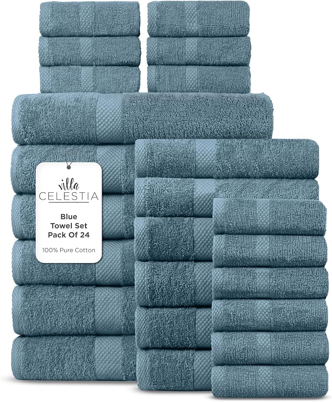100% Cotton Bath Towel Set of 24-6 Bath Towels, 6 Hand Towels, 12 Wash Cloths by VillaCelestia