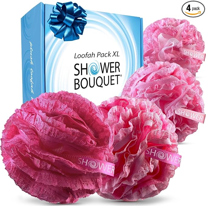 SHOWER BOUQUET Pink-Loofah-Bath-Sponge Lace-Mesh-Set // 2-Scrubs-in-1 // Large by ShowerBouquet%C2%AE