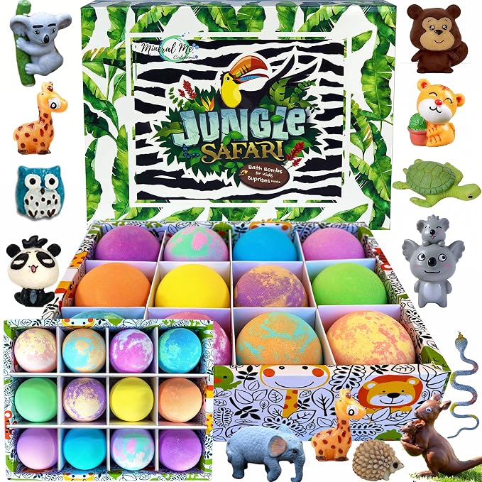 Bath Bombs for Kids with Surprise Inside, 12 Bubble Bath Fizzies with Jungle by MineralMeCalifornia