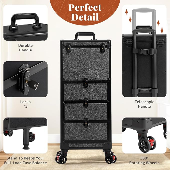 Rolling Makeup Train Case with 3 Drawers, Nail Trolley Cart Salon Station - Image 8