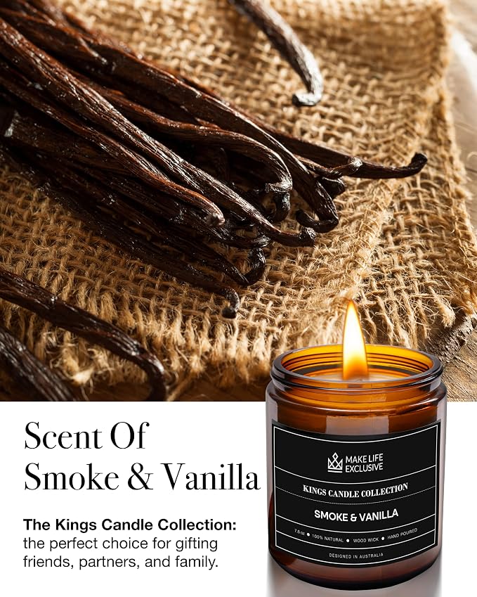 Scented Candles for Men | Smoke and Vanilla, Tobacco and Vanilla |Wooden Wick - Image 2